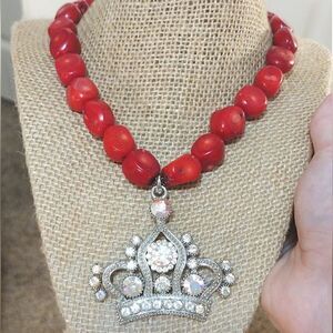 Red Coral Rhinestone Crown Beaded Necklace 925 Sterling Silver Clasp Only